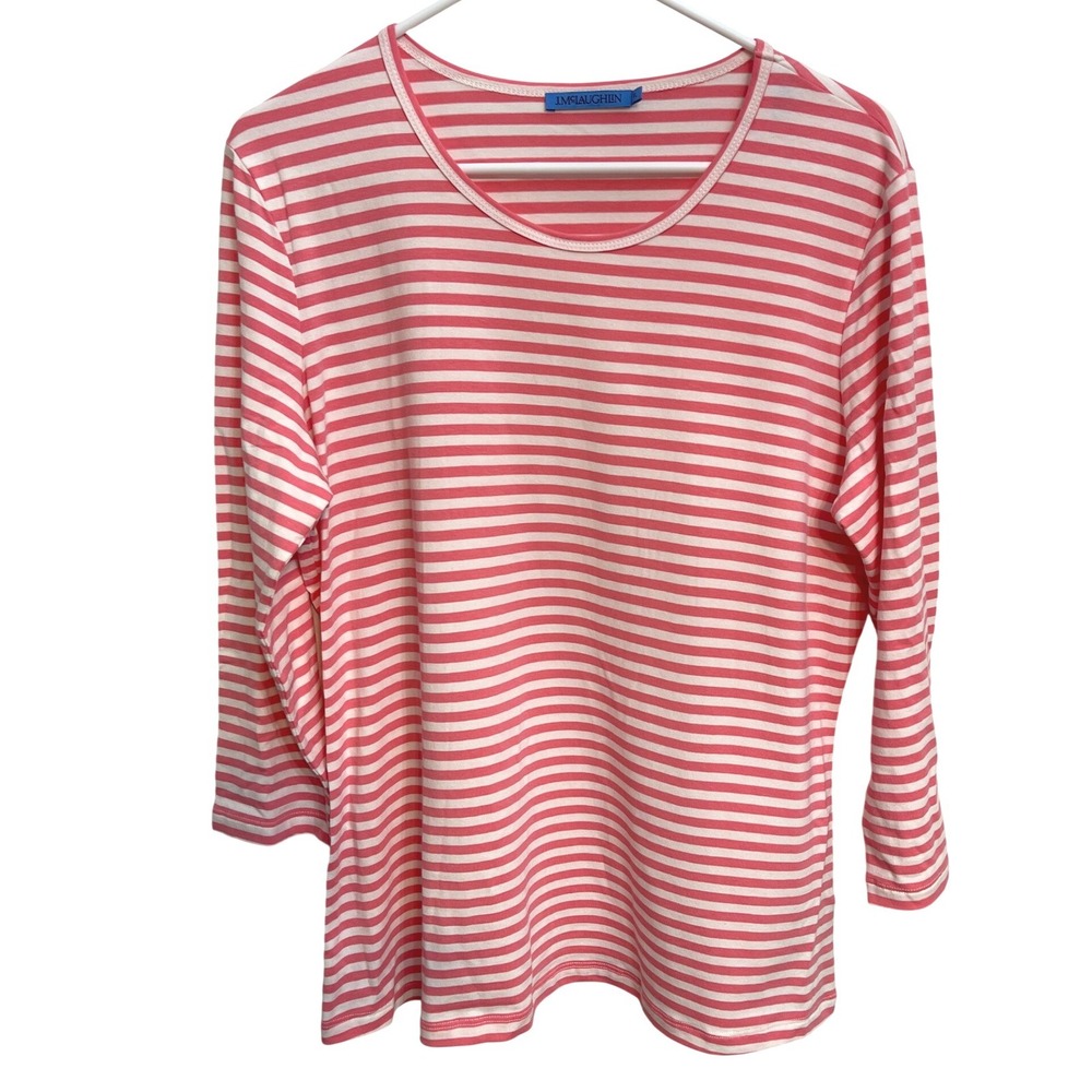 J. McLaughlin Top XL Pink White Stripe 3/4 Sleeve Preppy Nautical Catalina Cloth